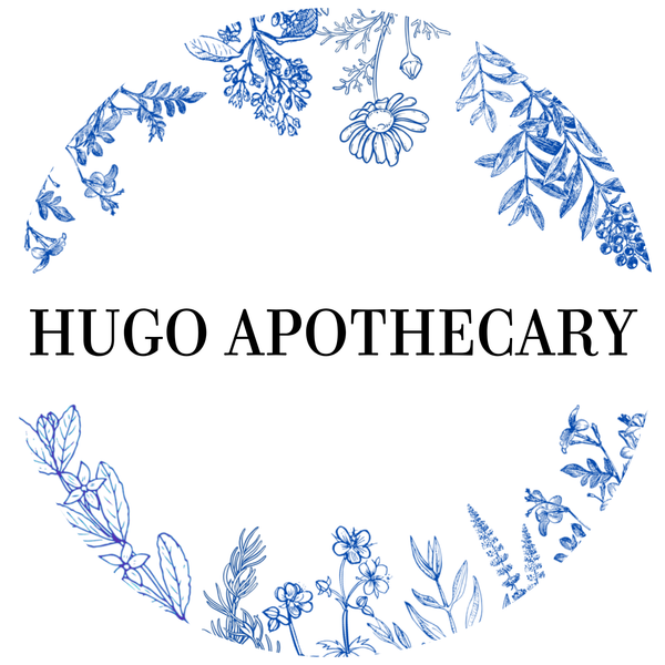 Hugo Apothecary logo with blue botanical illustrations on a white background